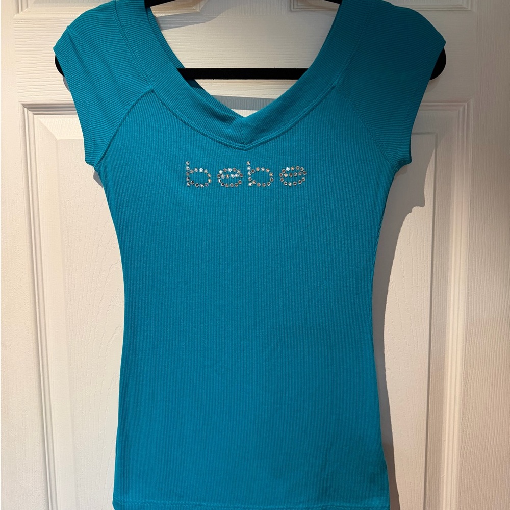 BEBE Women’s Teal Rhinestone Logo V-Neck Top